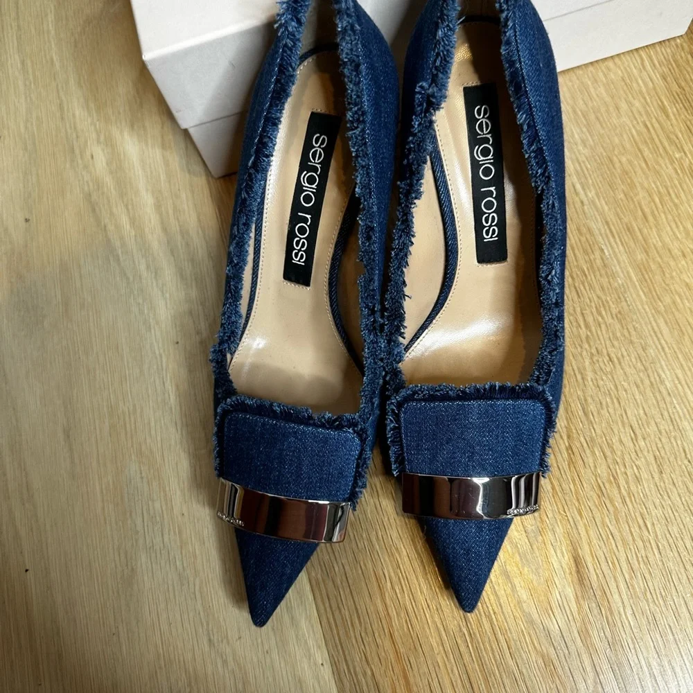 Sergio Rossi frayed denim pumps 40 9.40 3” heel heels pump jeans silver metal - Picture 6 of 9